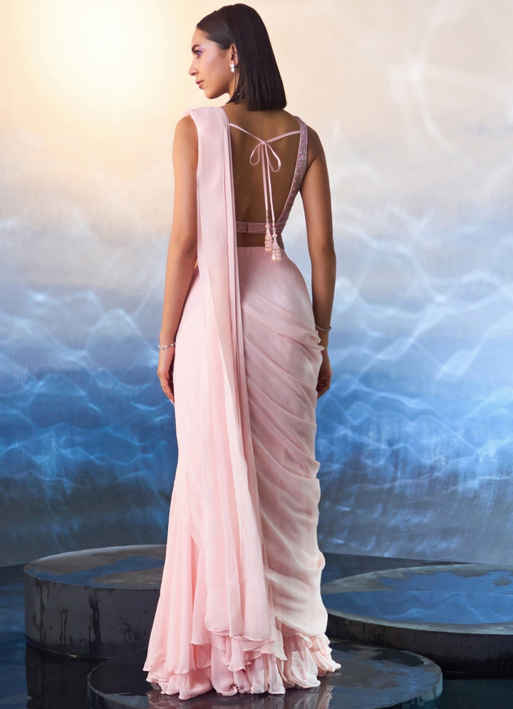 Powder Pink Sequined Georgette Predraped Saree Angad Singh - Fabilicious Fashion