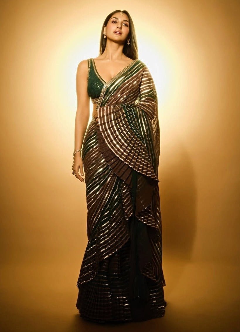 Pre Draped Mud Green And Gold Multicolour Saree Vvani by Vani Vats - Fabilicious Fashion