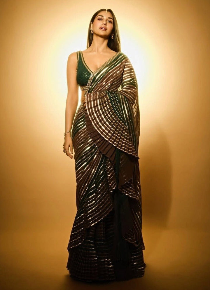 Pre Draped Mud Green And Gold Multicolour Saree Vvani by Vani Vats - Fabilicious Fashion