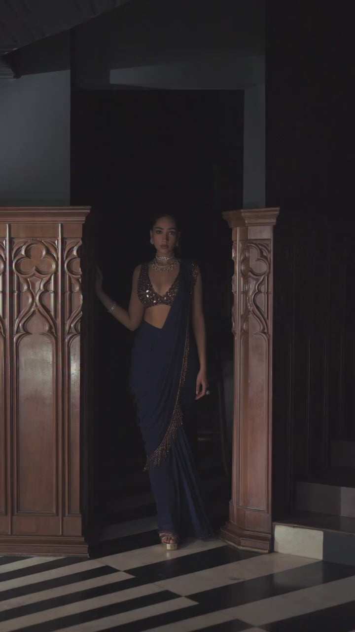 Deep Blue Georgette Pre-Draped Saree