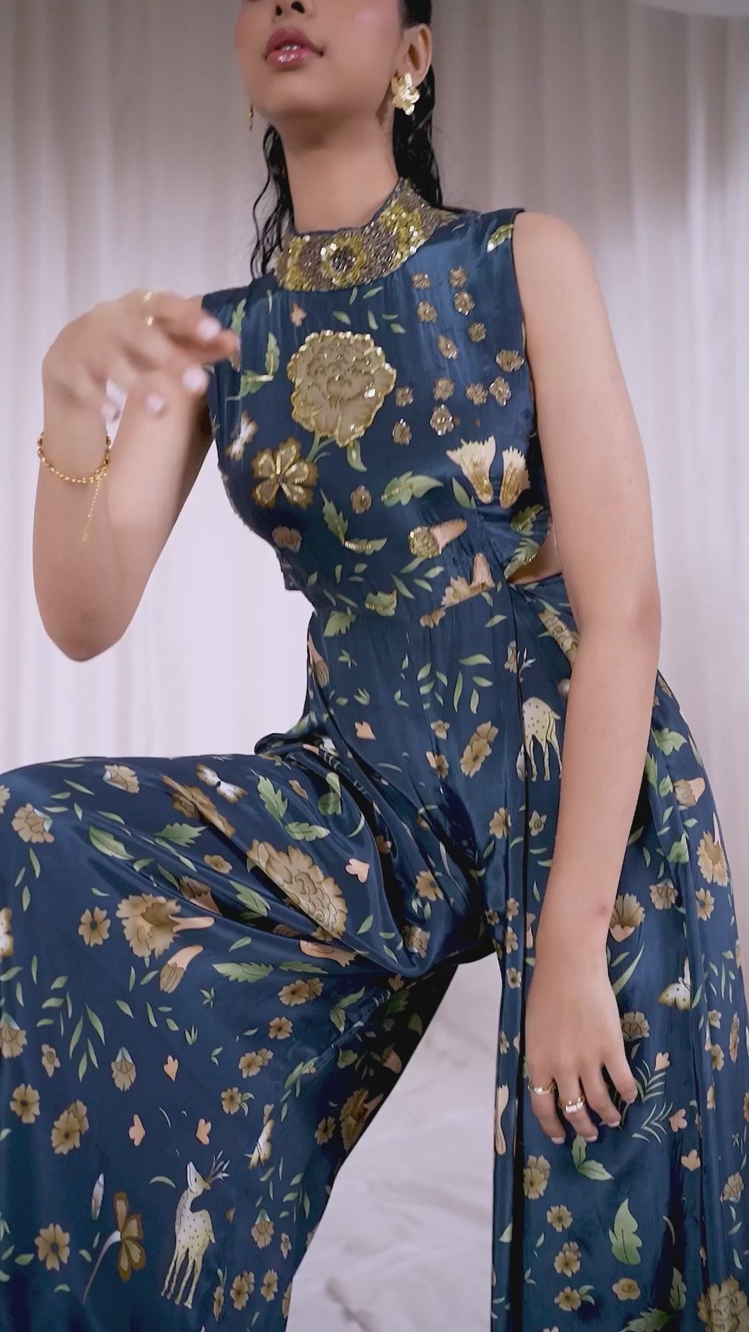 Navy Blue Printed Crepe Jumpsuit