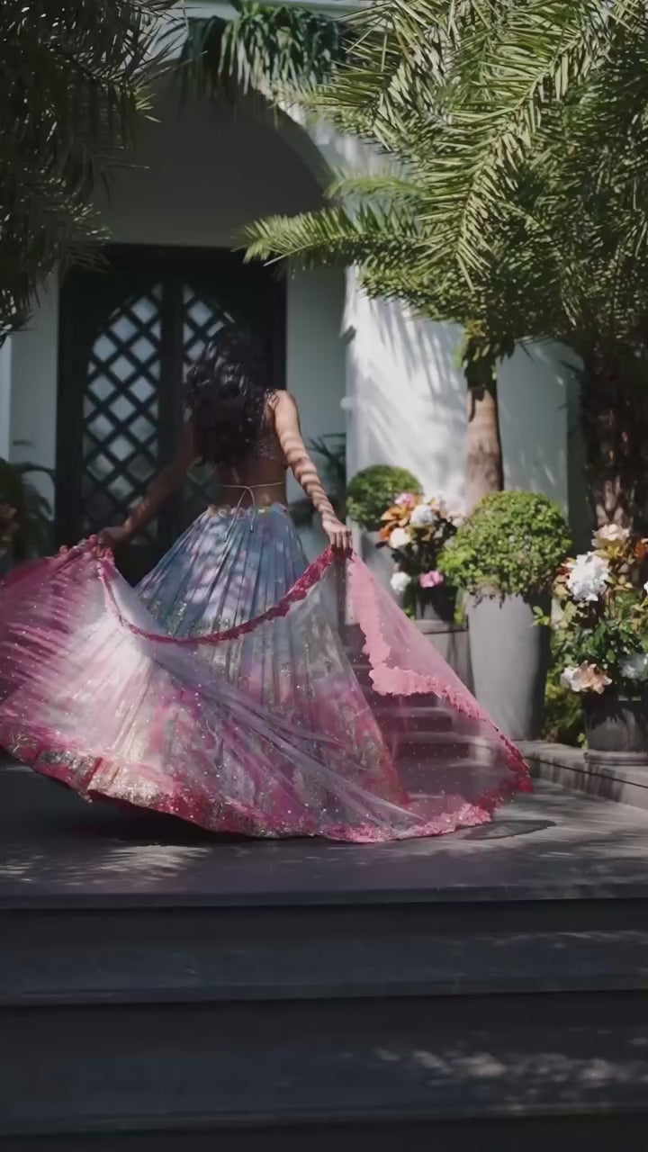 Ice Blue And Pink Ombre Embroidered Georgette Lehenga Set