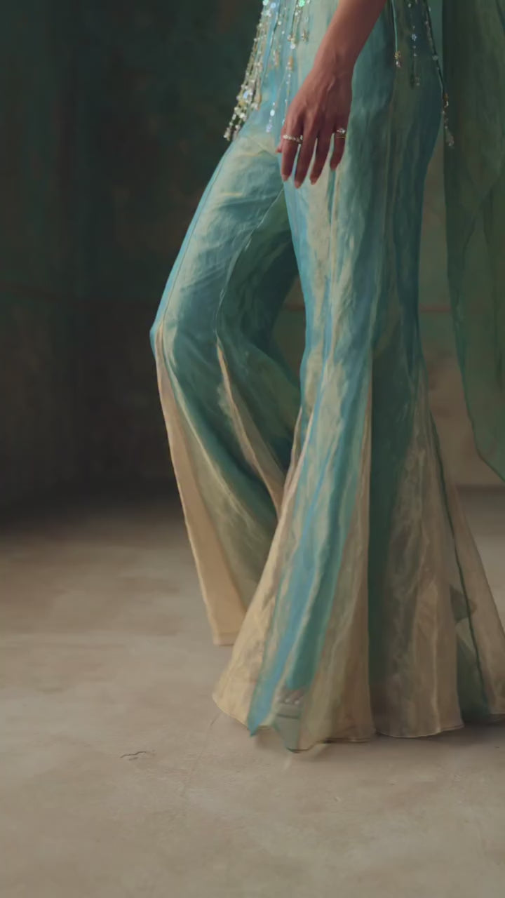 Turquoise Blue Silk Tissue Blouse Sharara Set