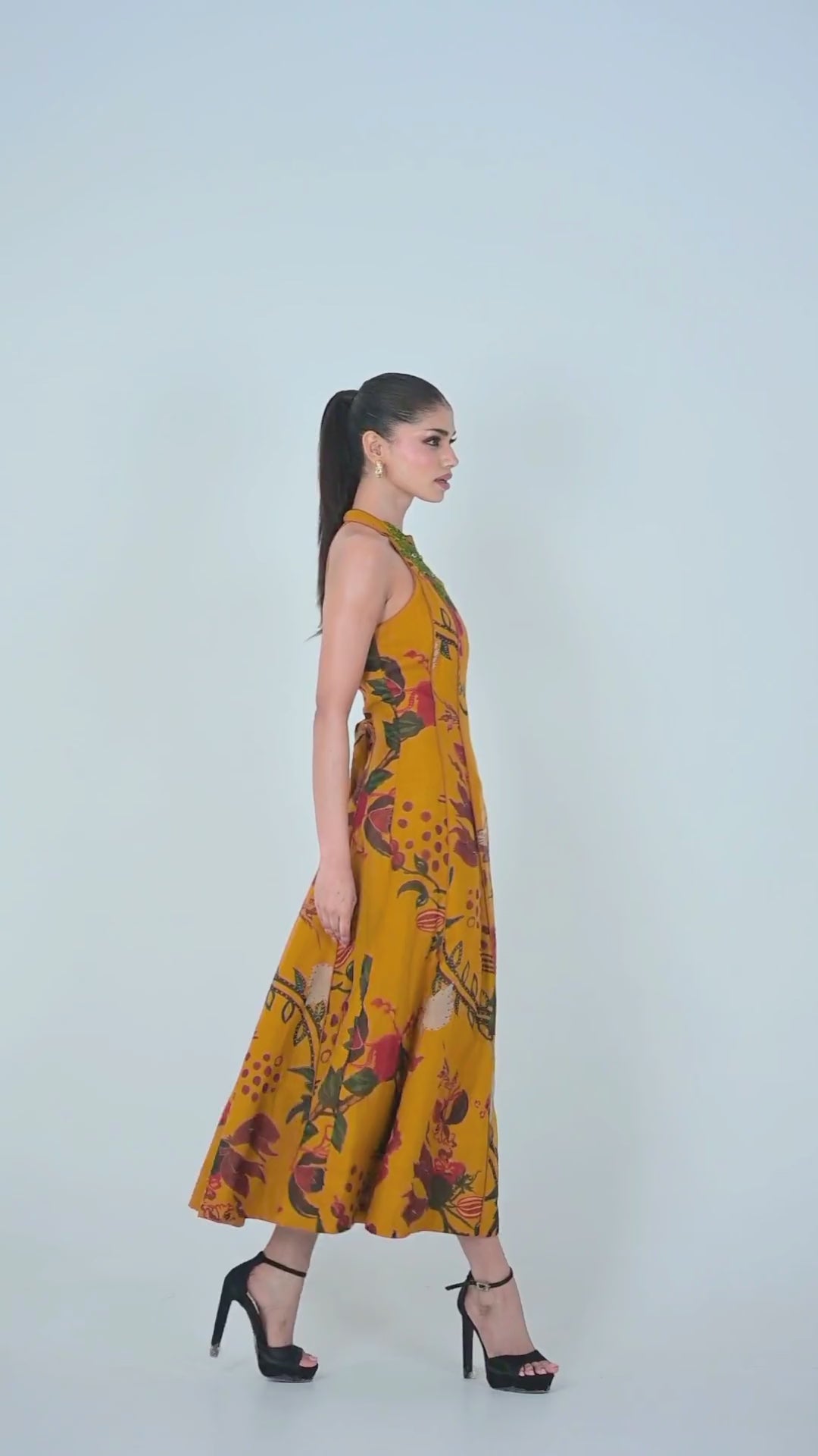 Burnt Mustard Yellow Organza Halter Midi Dress