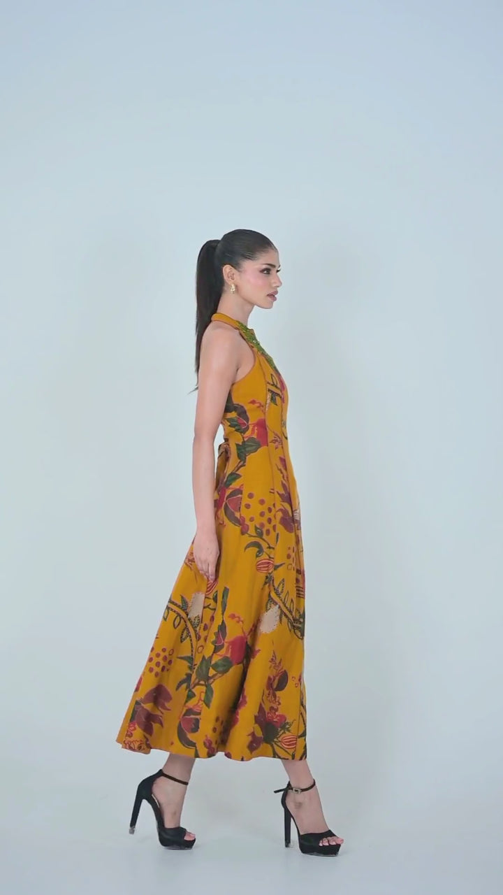 Burnt Mustard Yellow Organza Halter Midi Dress