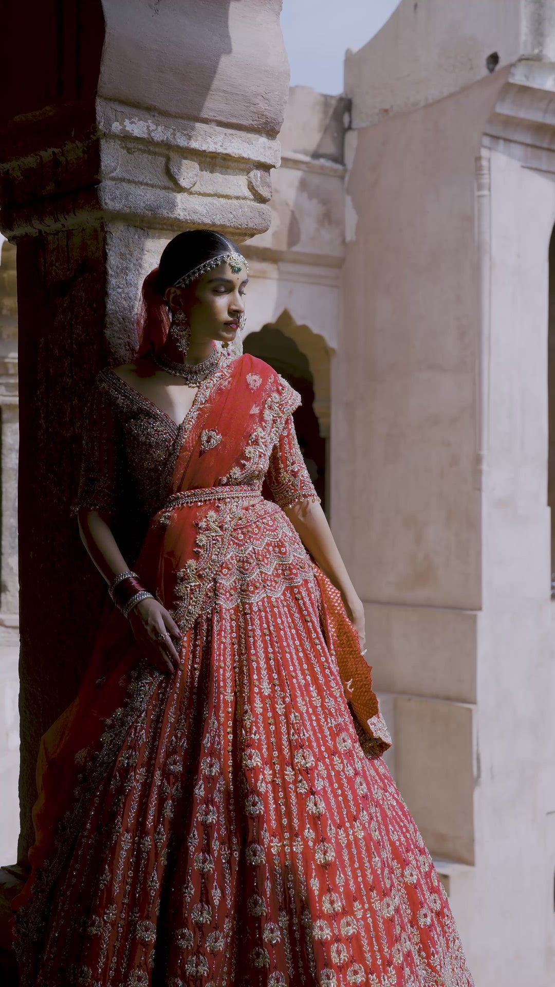 Hot Red Bridal Lehenga Set With Net Veil