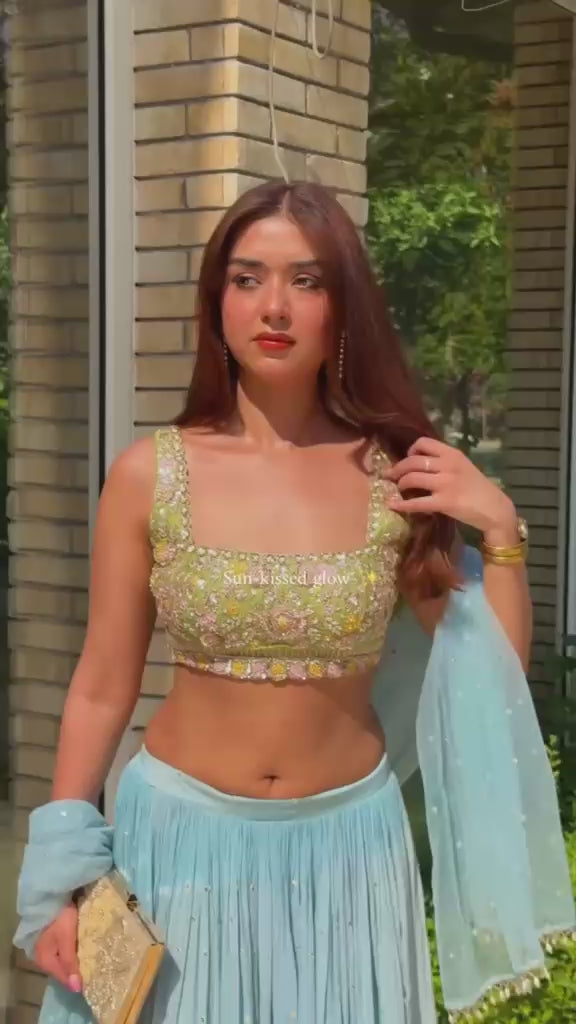 Hazel Blue And Green Ombre Embroidered Lehenga