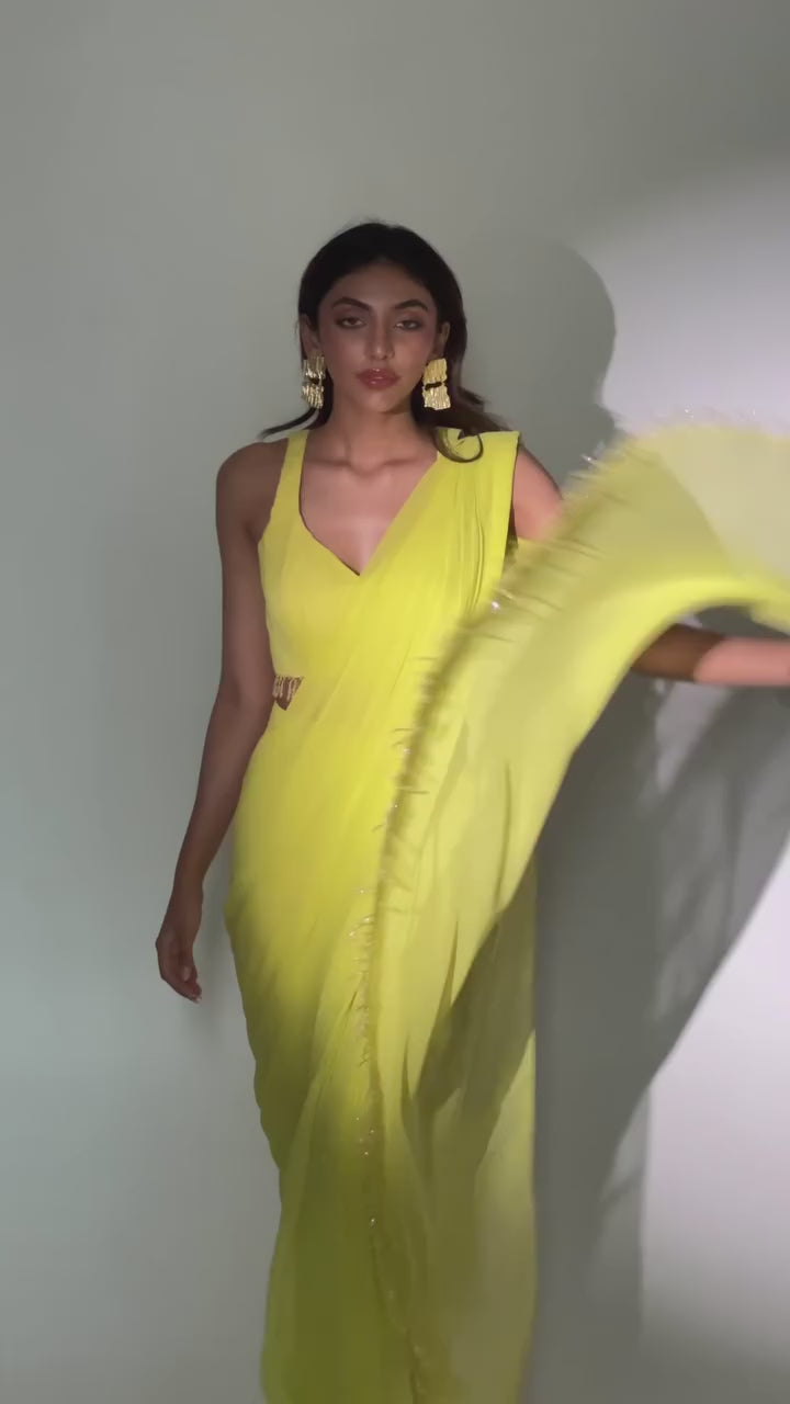 Lime Yellow Pre Draped Pure Georgette Saree Set
