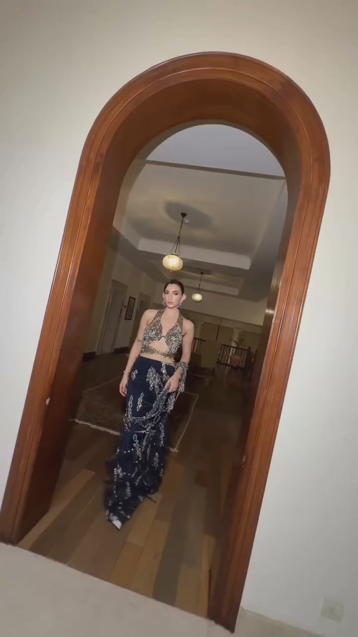 Midnight Blue Halterneck Shimmer Pre-Draped Saree