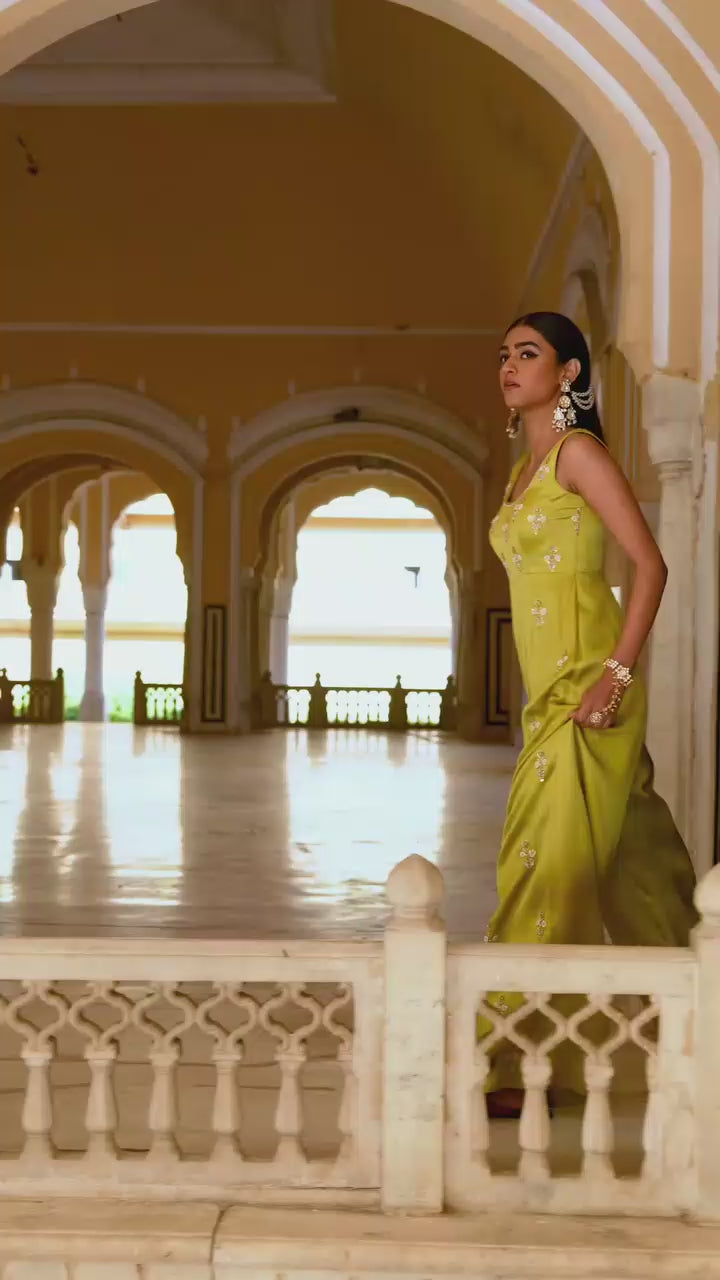 Green Satin Floral Embroidered Jumpsuit