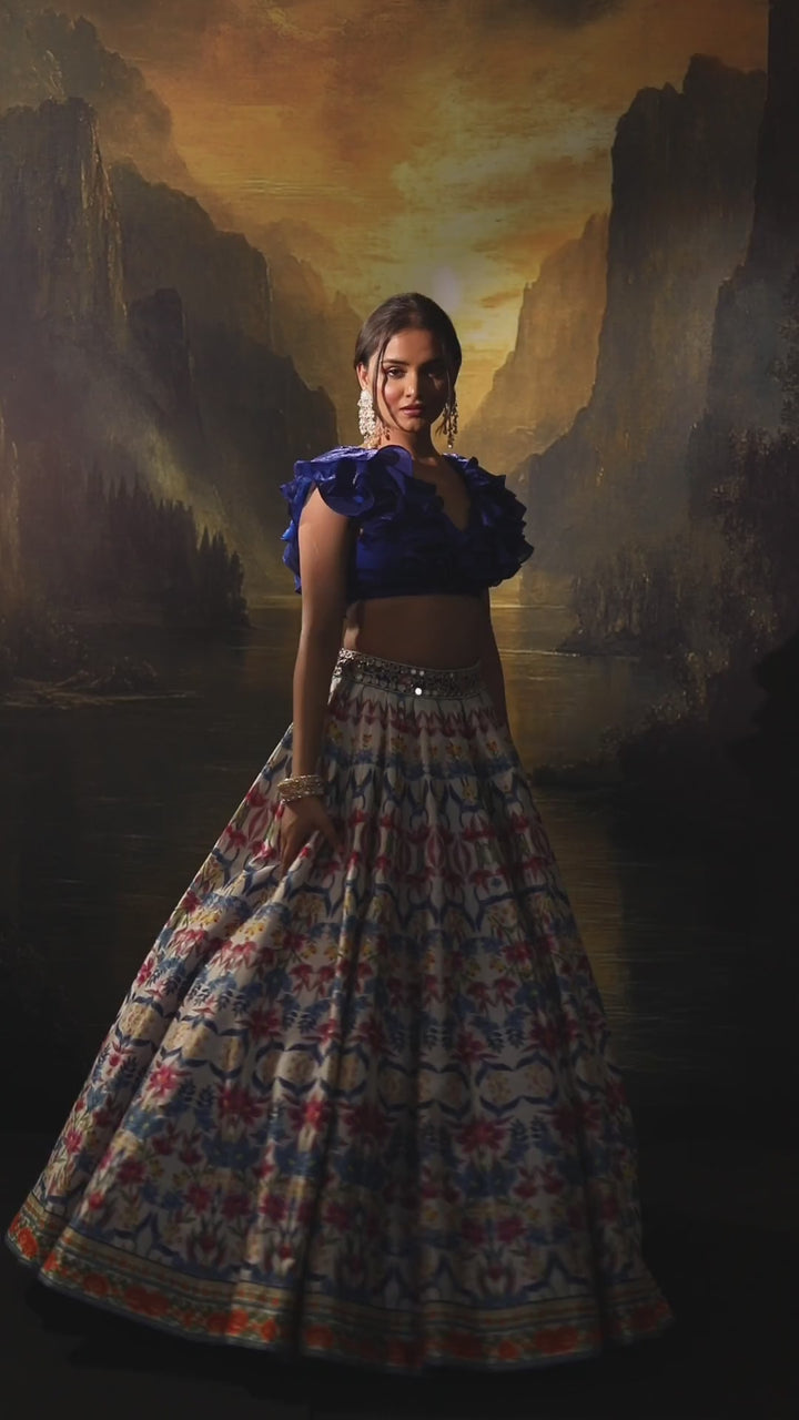 Blue Multi Color Printed Silk Lehenga Set