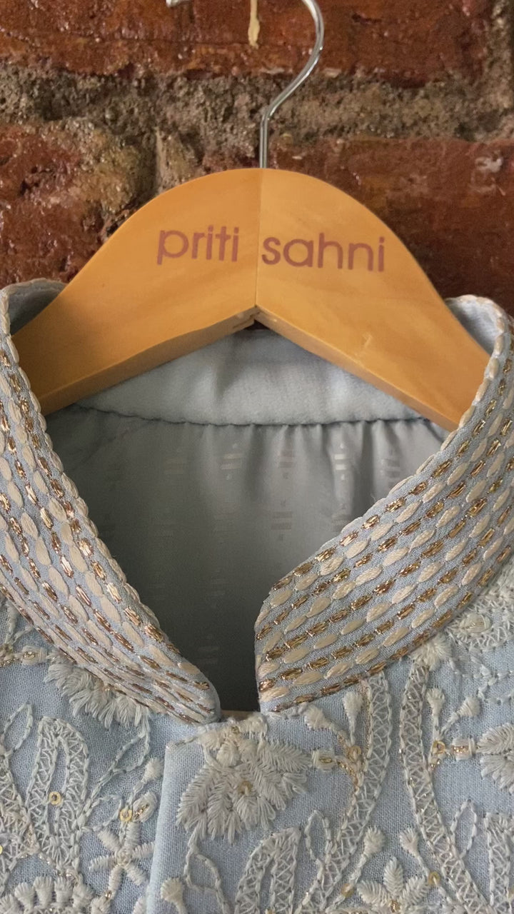 Powder Blue Embellished Silk Sherwani Set