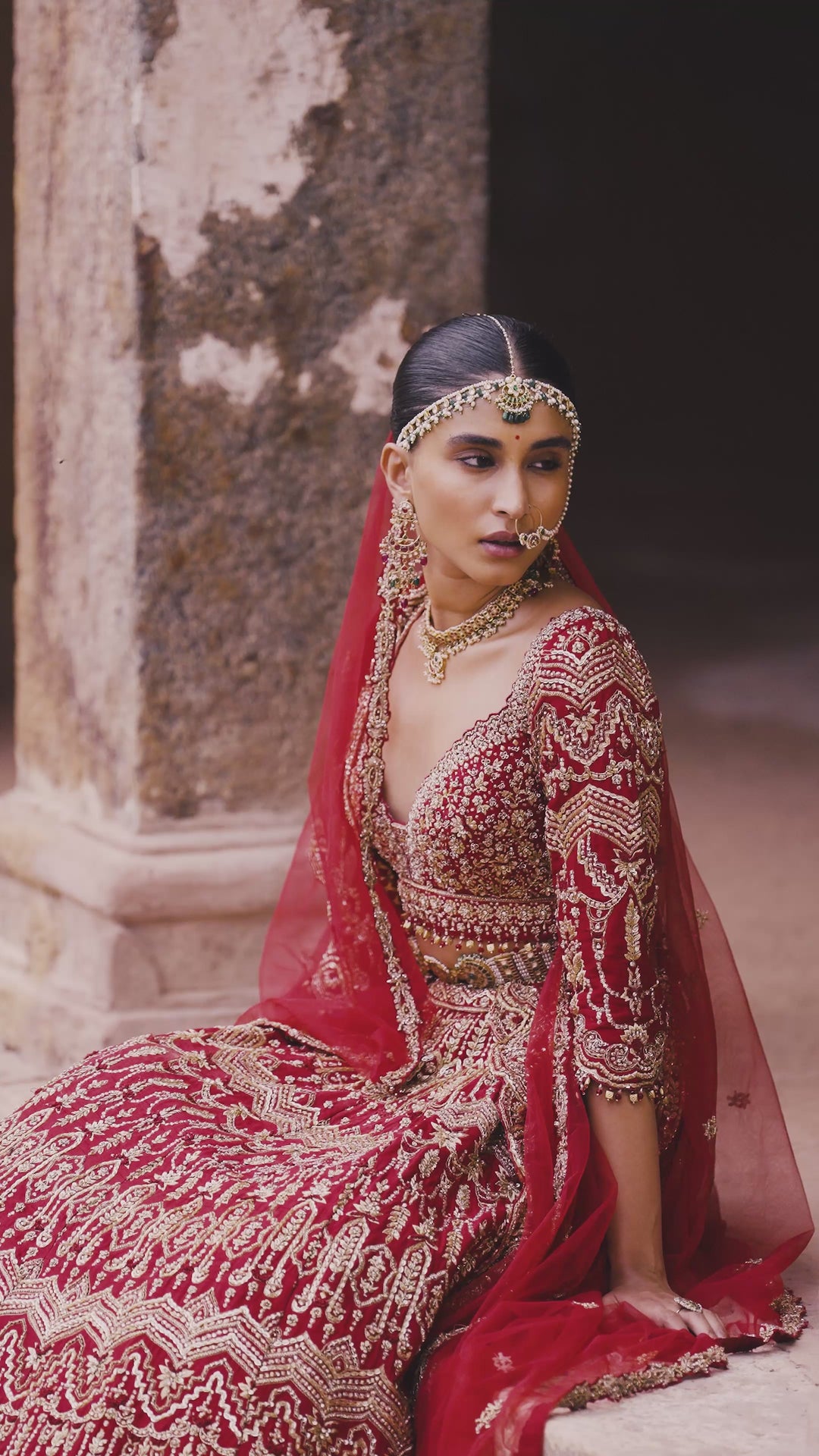 Cardinal Red Bridal Lehenga Set With Scallop Border Dupatta