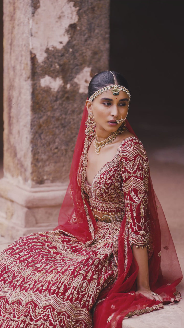Cardinal Red Bridal Lehenga Set With Scallop Border Dupatta