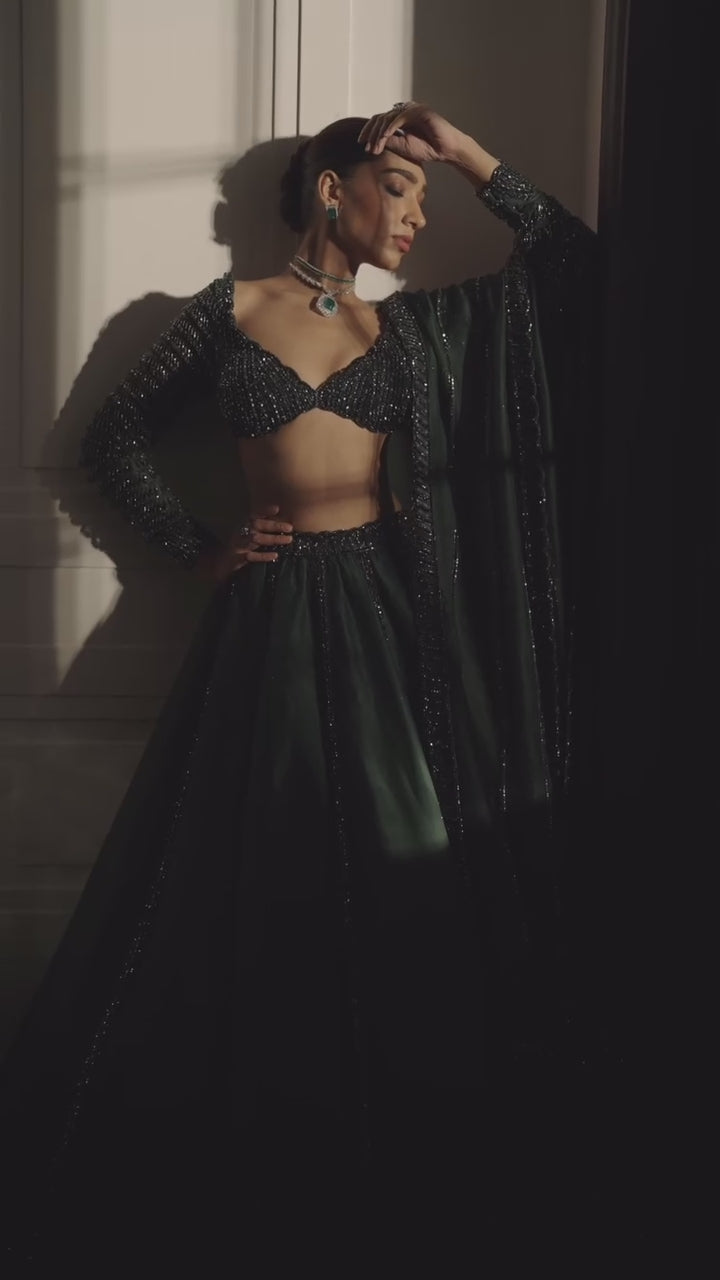 Green Crystal And Sequin Embroidered Tulle Lehenga