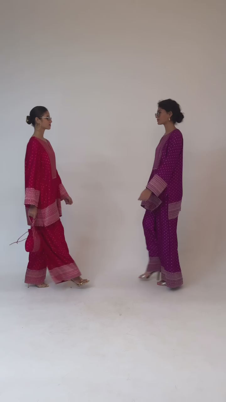 Purple Banarasi Dotted Silk Kurta Pants Set