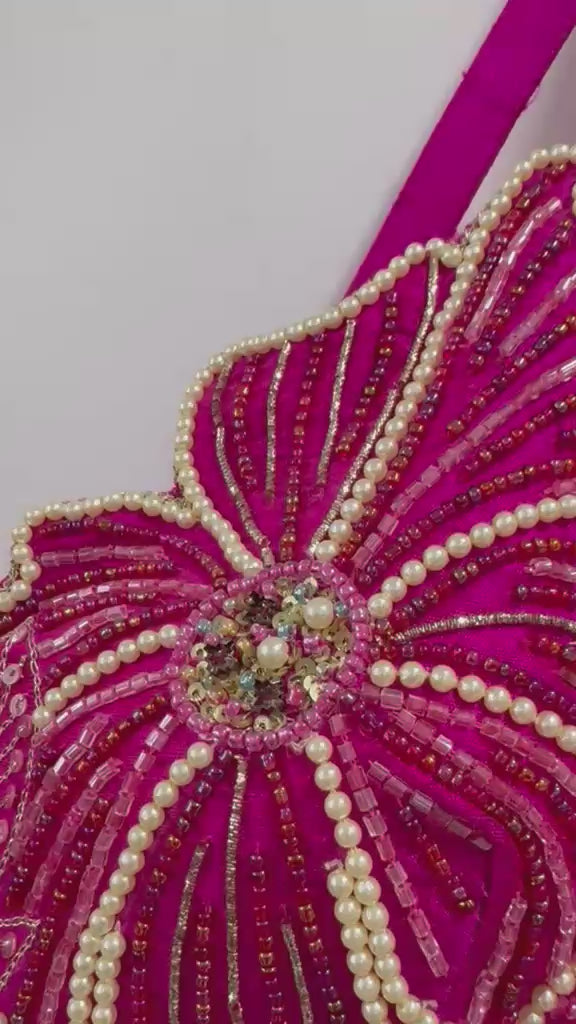 Hot Pink Silk Lehenga Set with Floral Bustier