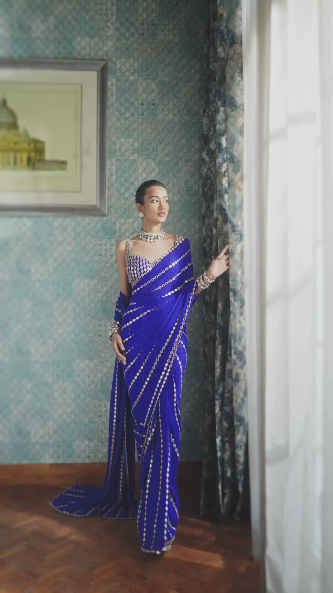 Blue Linear Saree With Embroidered Mirror Blouse