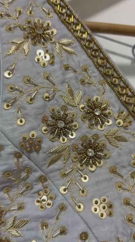 Bluish Grey Embroidered Raw Silk Lehenga Set