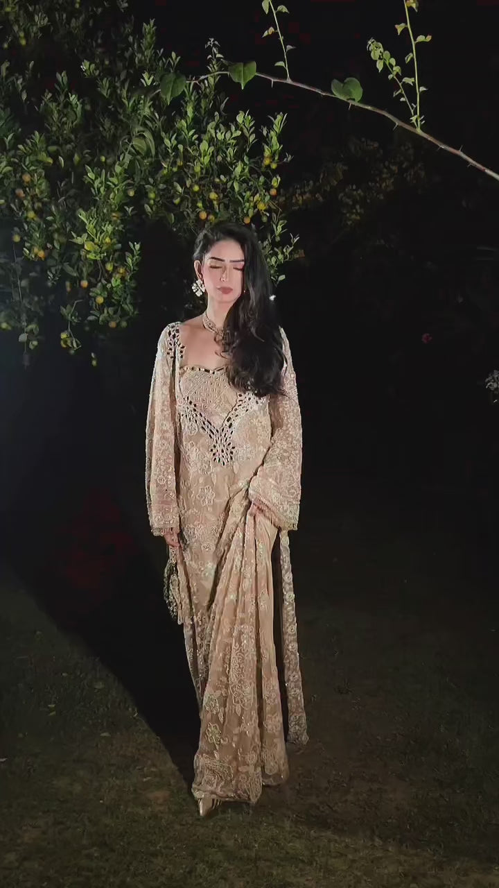 Beige Gold Embroidered Soft Net Kaftan With Bustier