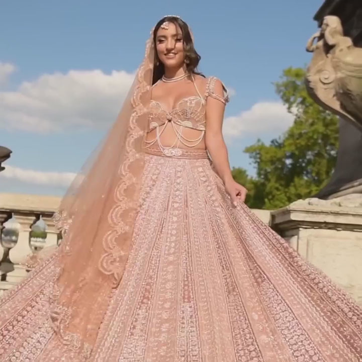 Caramel Brown Embroidered Bridal Silk Lehenga Set