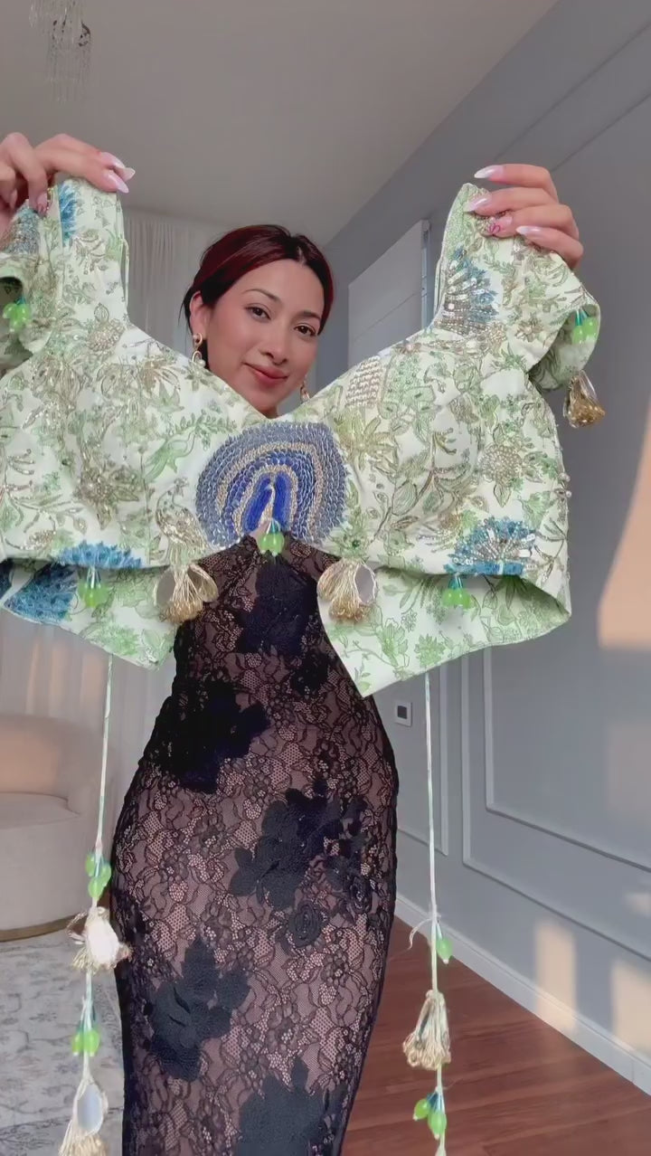 Green Printed Chinon Pre-Draped Saree Set