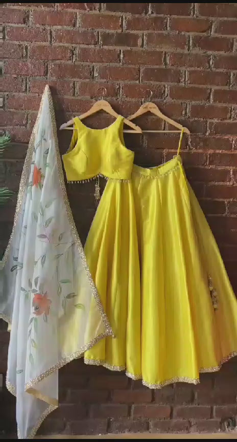 Yellow Lehenga Set With Floral Painted Dupatta