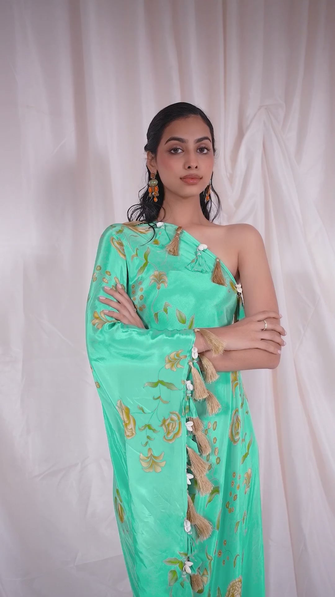 Turquoise Blue One Shoulder Crepe Kaftan