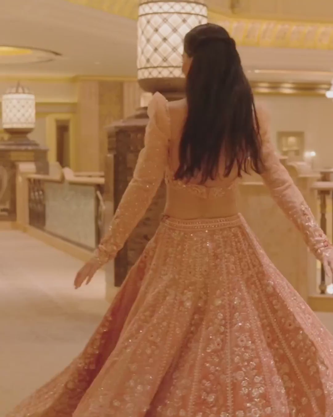 Peach Embroidered Velvet Lehenga Set