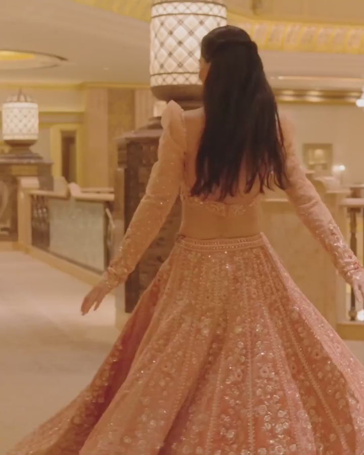 Peach Embroidered Velvet Lehenga Set