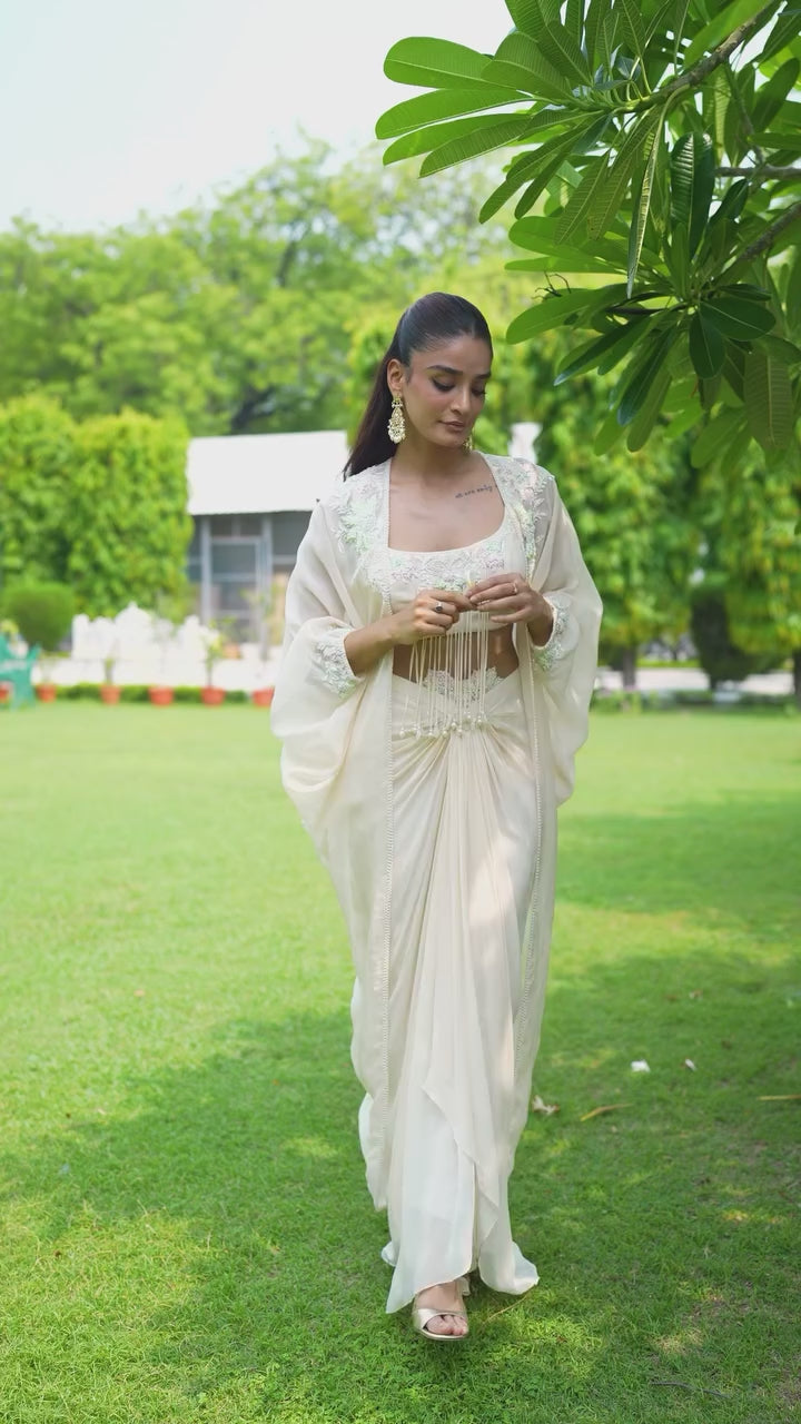 Ivory Embroidered Drape Skirt Set With Cape