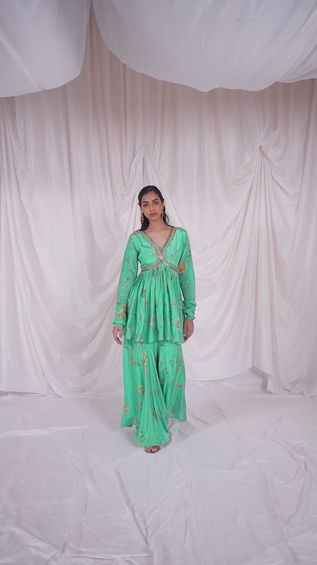 Turquoise Blue Printed Peplum Kurta Sharara Set