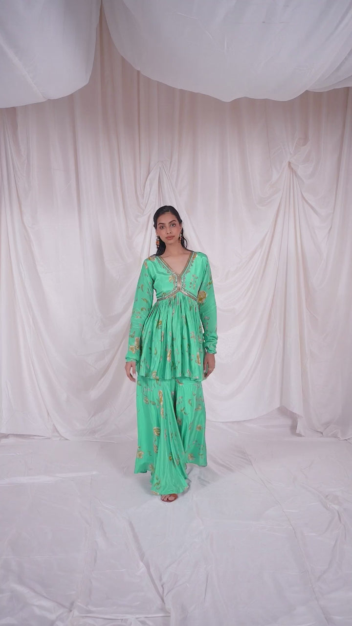 Turquoise Blue Printed Peplum Kurta Sharara Set