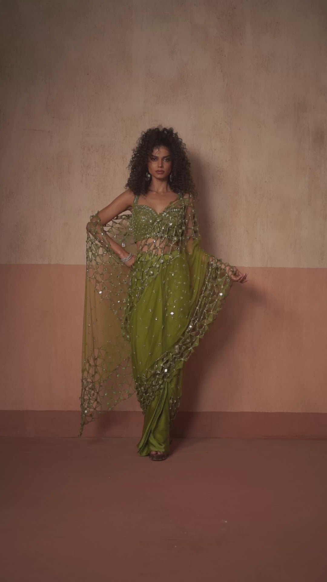 Mehendi Green Pre Draped Georgette Jaalwork Saree