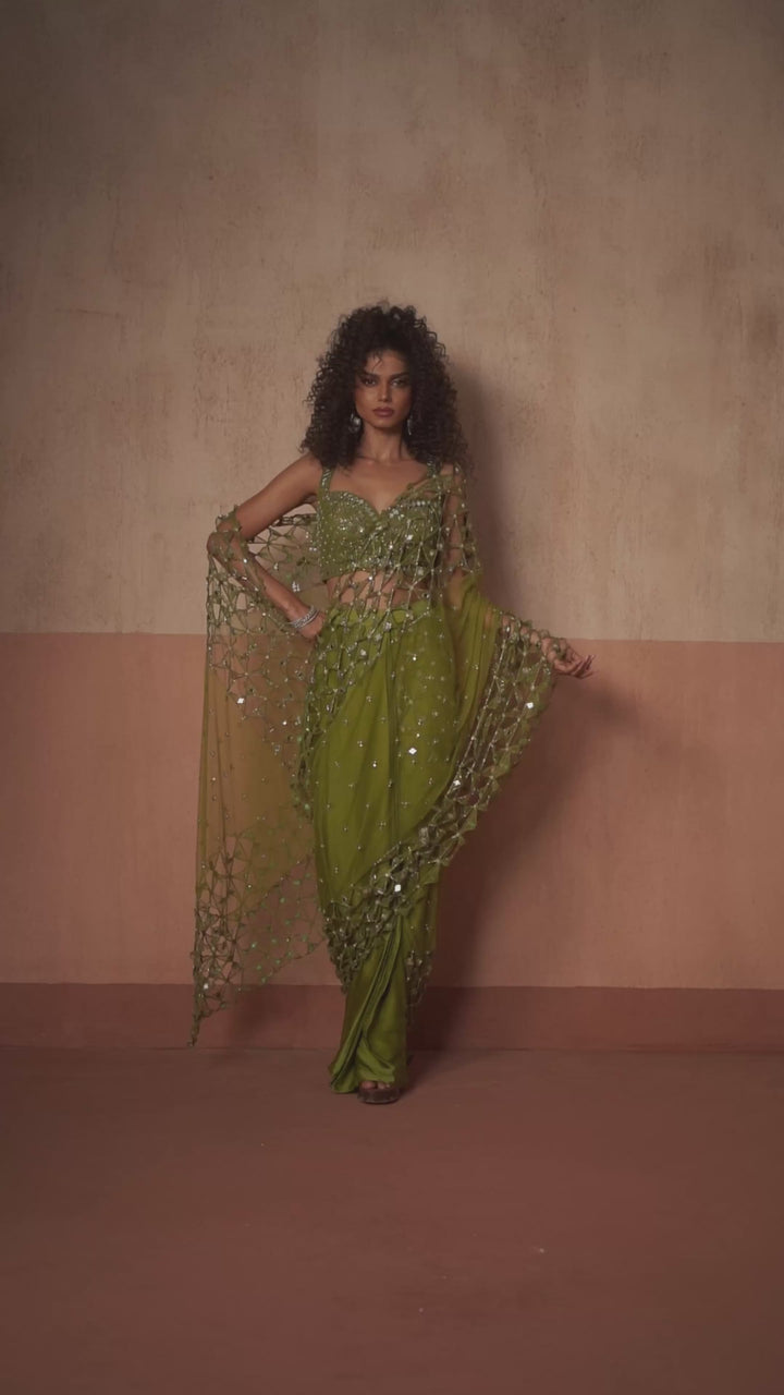 Mehendi Green Pre Draped Georgette Jaalwork Saree