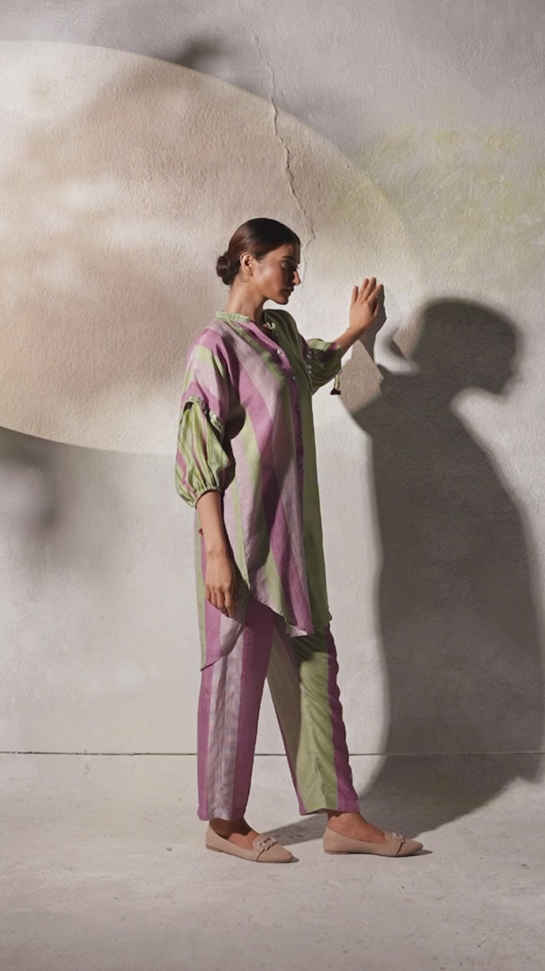 Green Dual-Tone Linen Silk Tunic Pants Set