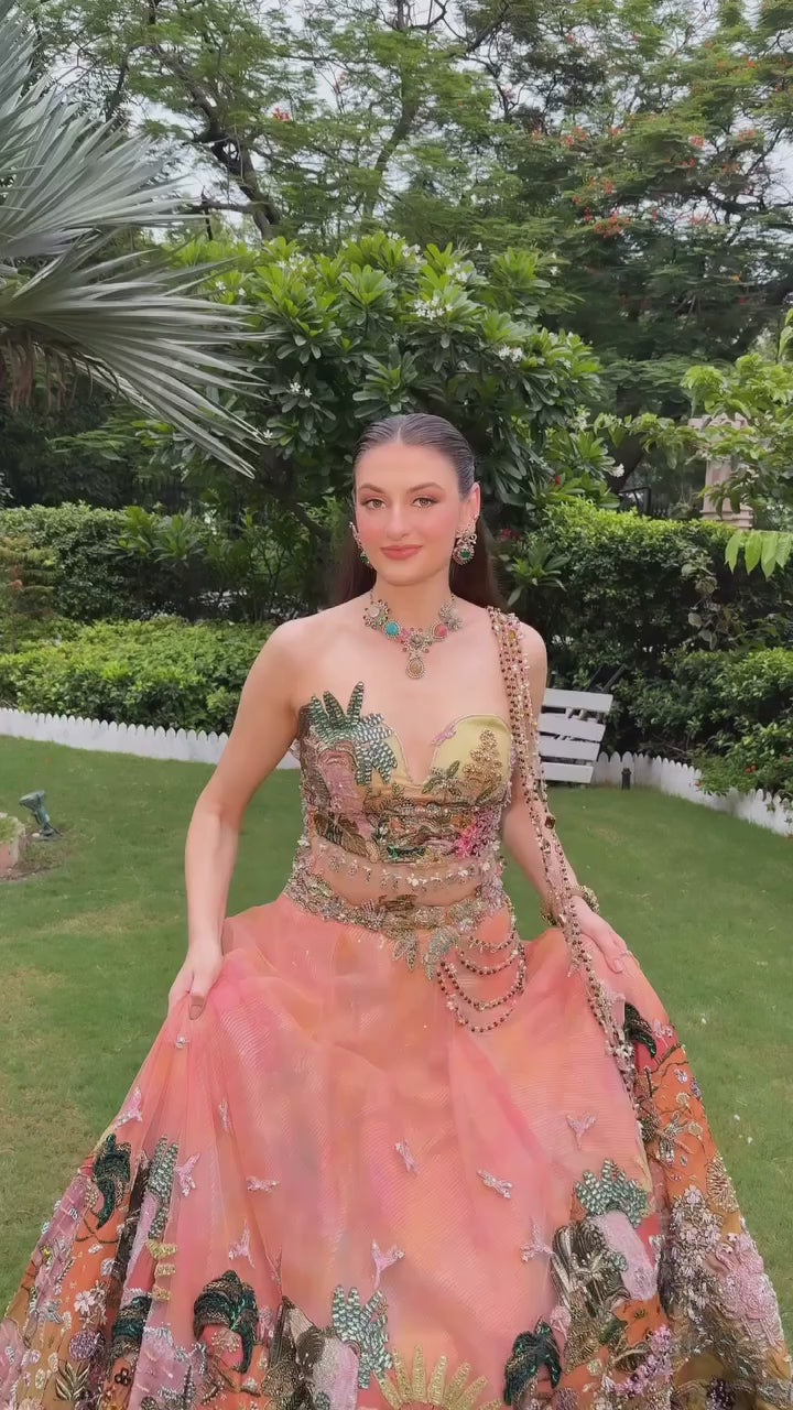 Coral Ombre Georgette Corset Lehenga Set