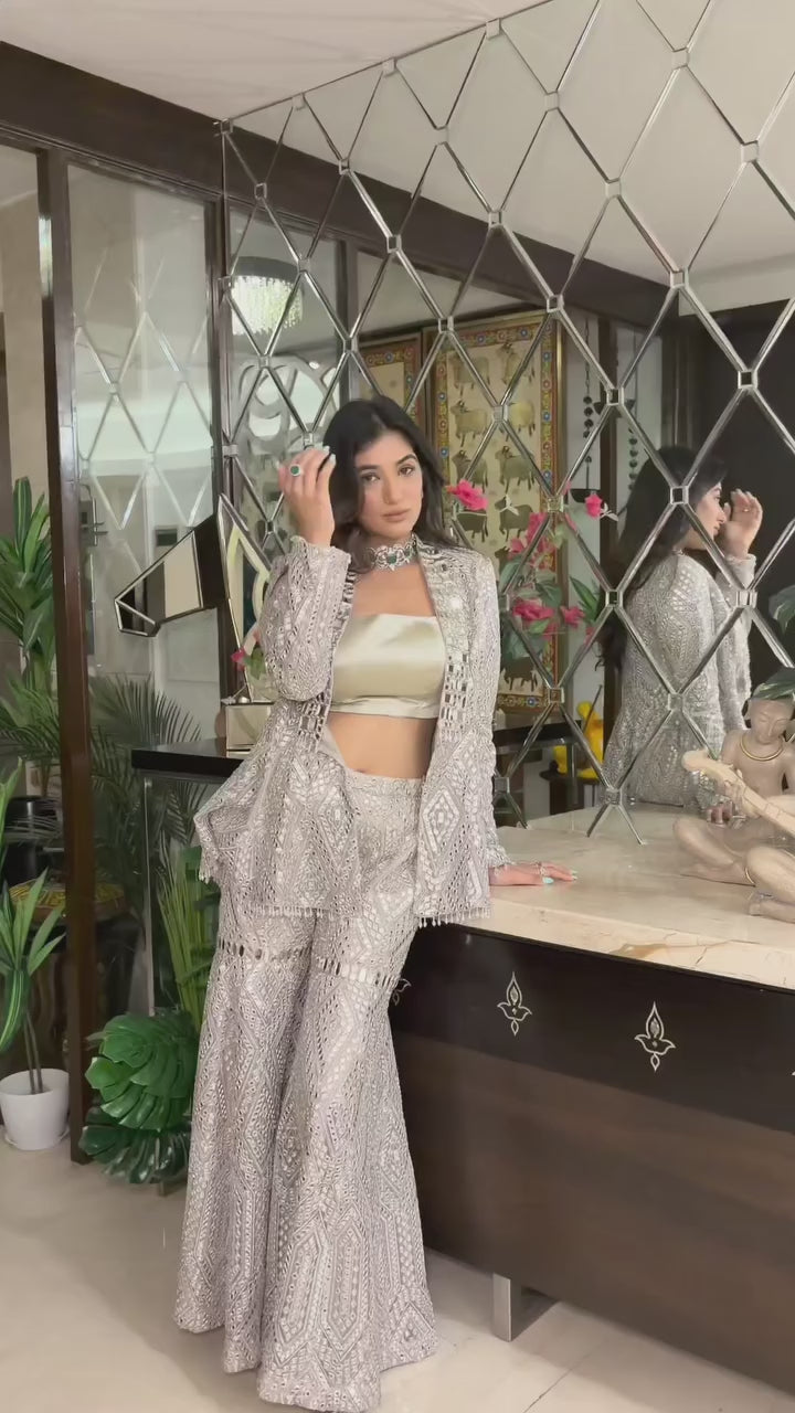 Silver Pearl Soft Net Blouse Sharara Set with Jacket