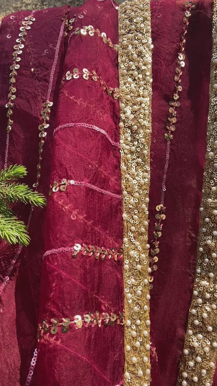 Burgundy Lehenga Set With Embellished Dupatta