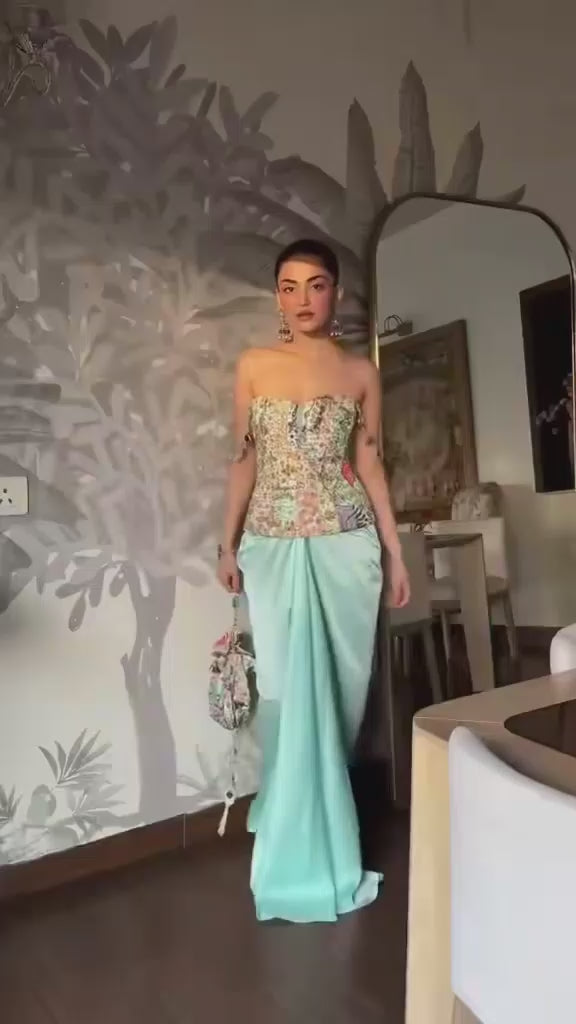 Blue Satin Dhoti Skirt With Sequins Corset