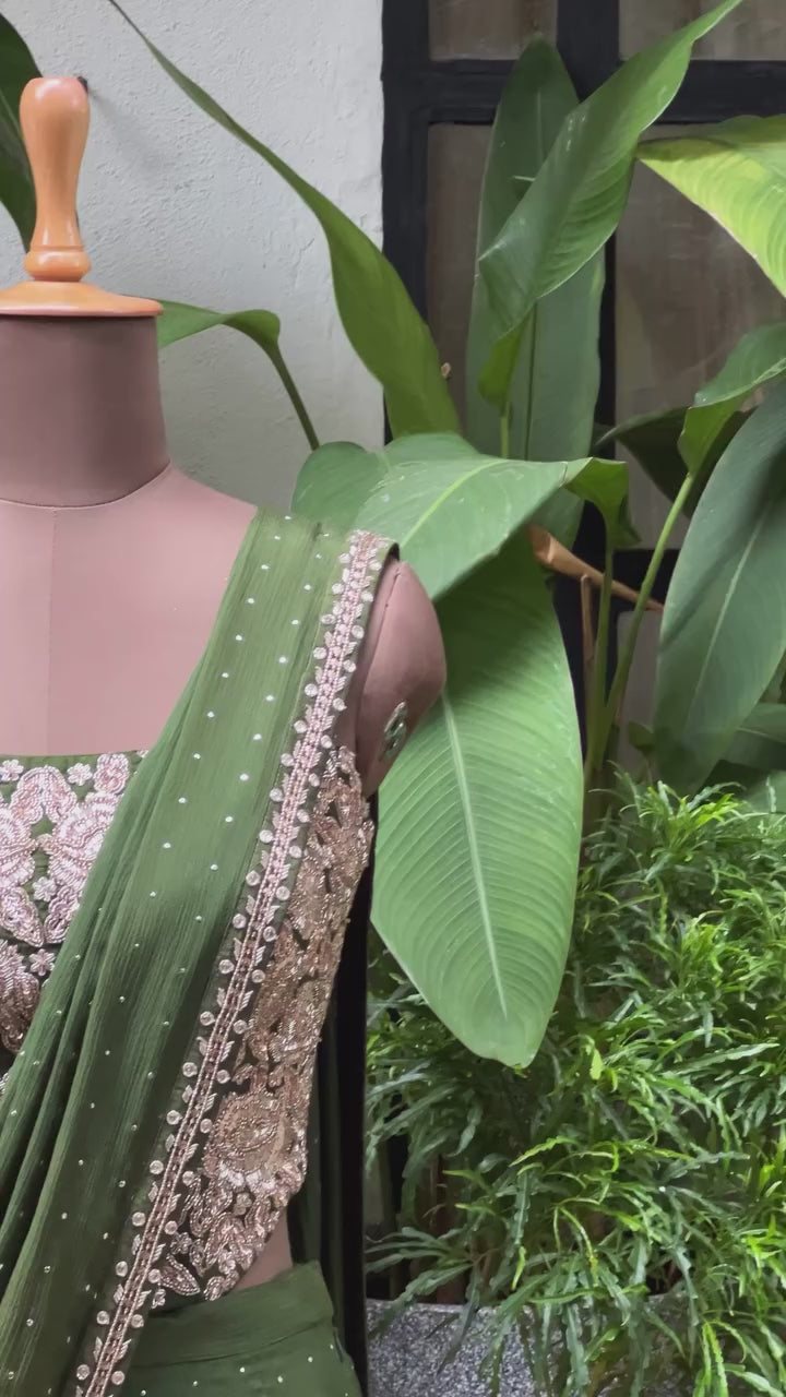 Green Embroidered Pre Stitched Georgette Saree With Corset