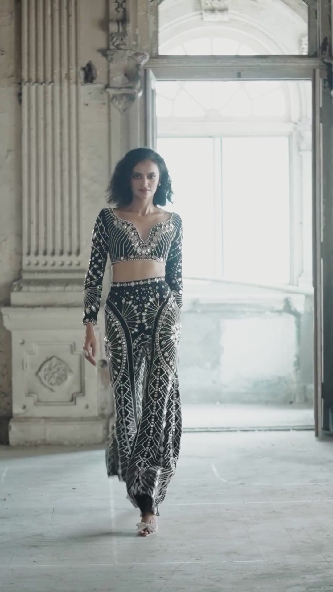 Black Crystal And Mirror Pants Set