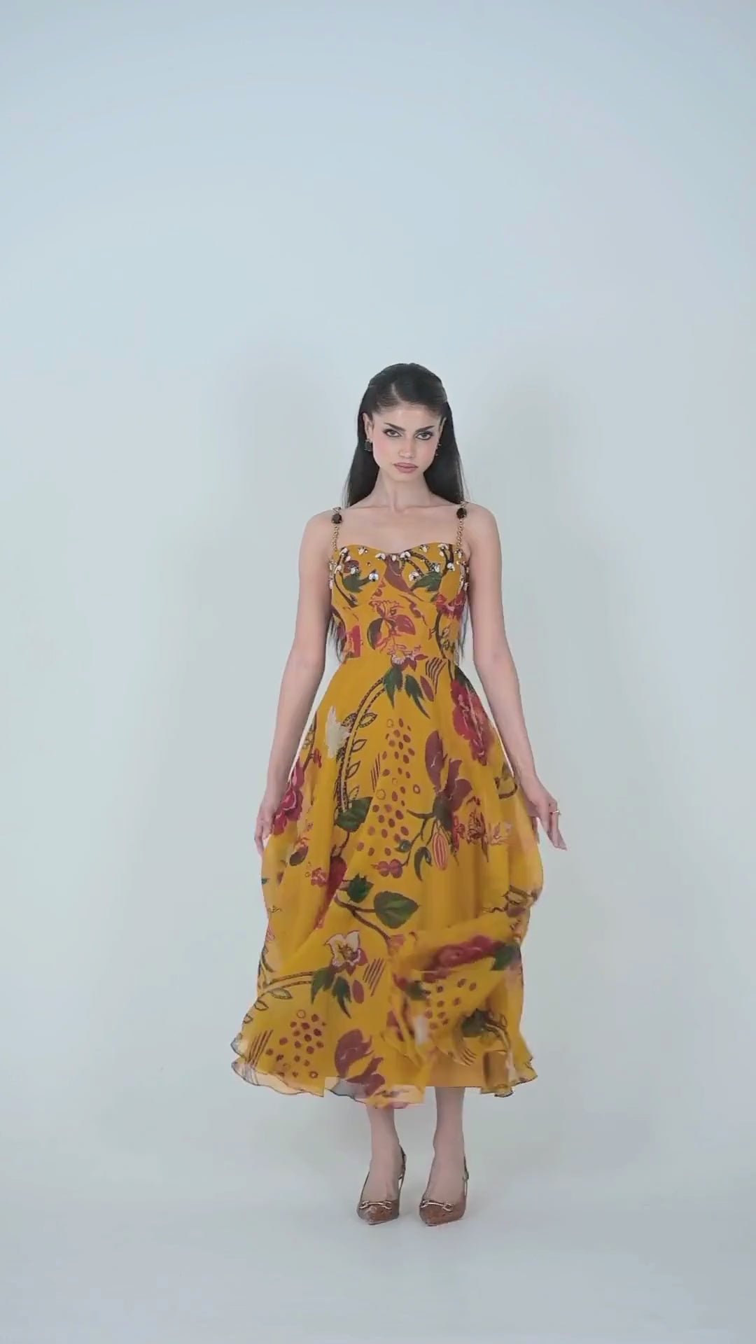 Burnt Mustard Yellow Printed Organza Corset Dress
