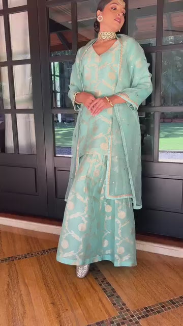 Blue Jaal Weaved Silk Kurta Sharara Set