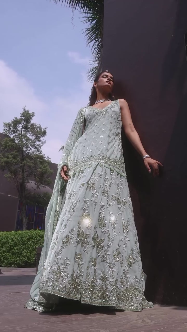 Mint Green Embroidered Kurti Lehenga Set