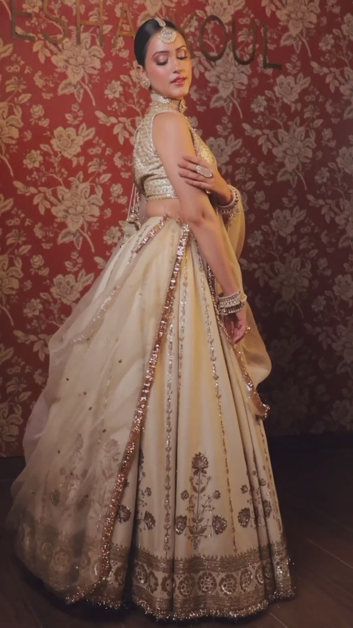Ivory And Gold Chanderi Bridal Lehenga Set