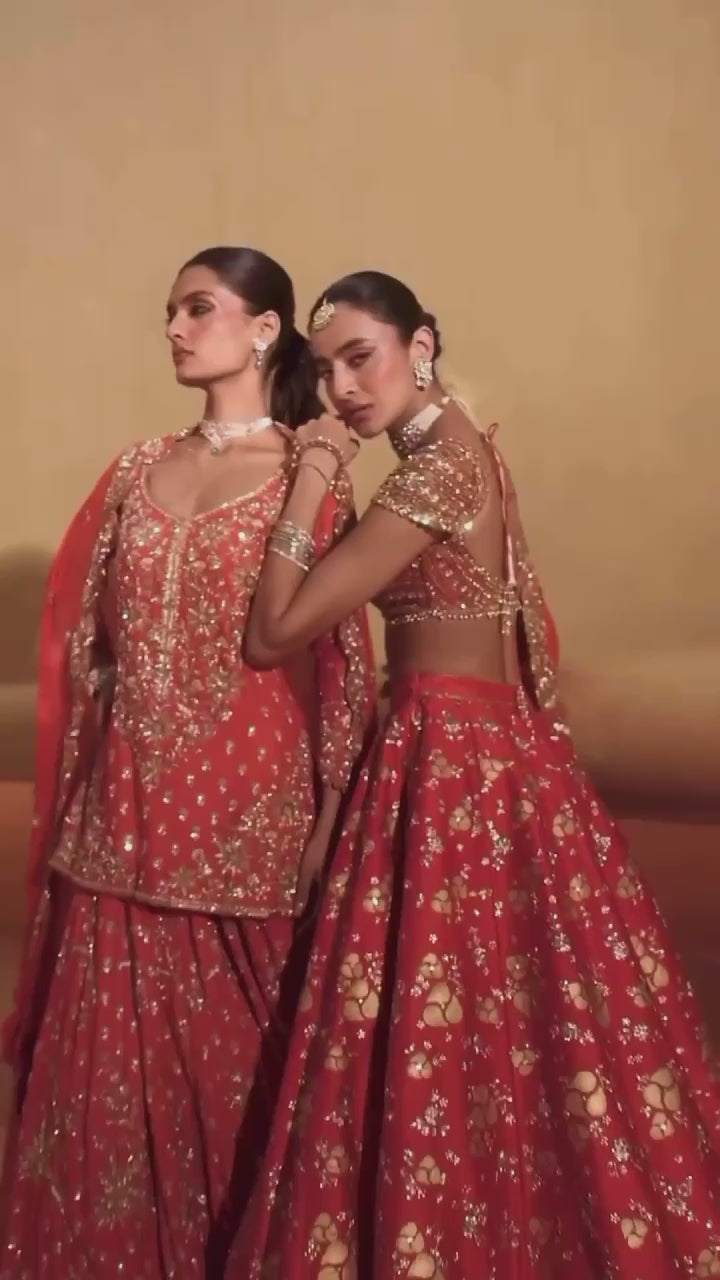 Orange Embroidered Kurti And Lehenga Set