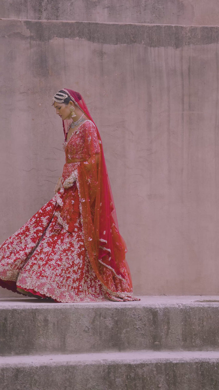 Crimson Red Bridal Lehenga Set With Floral Embroidery