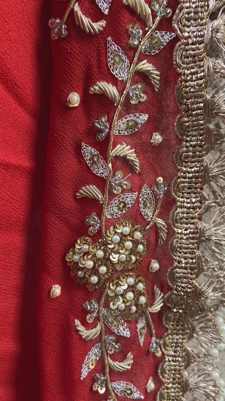 Regal Red Pre-Draped Ruffle Georgette Saree With Bustier