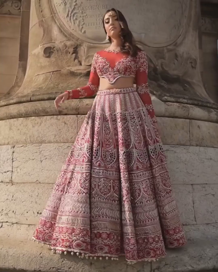 Regal Red Embroidered Bridal Silk Lehenga Set